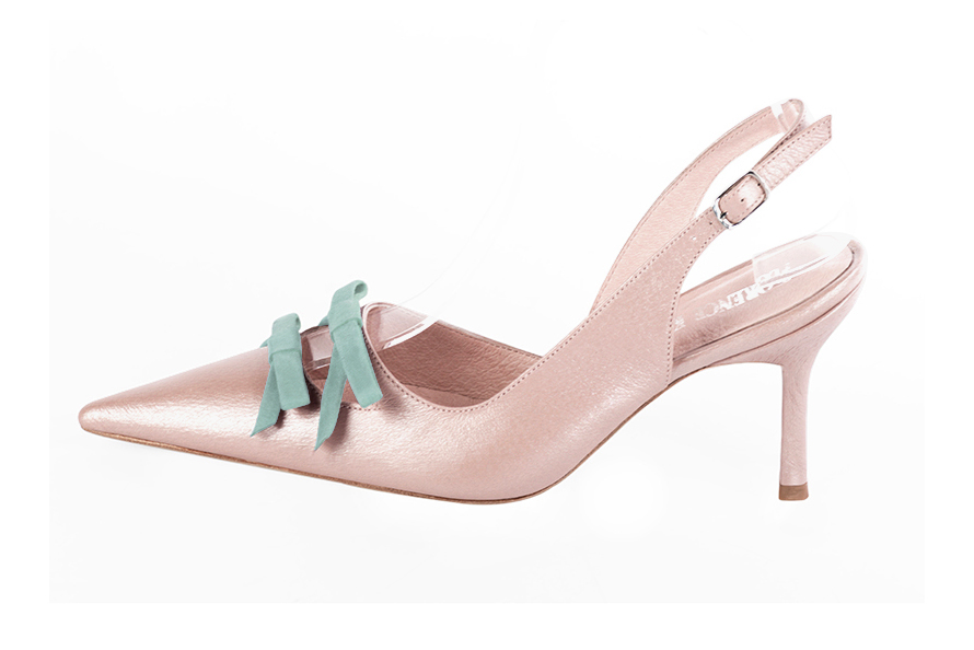 Powder pink and aquamarine blue women's open back shoes, with a knot. Pointed toe. High slim heel. Profile view - Florence KOOIJMAN